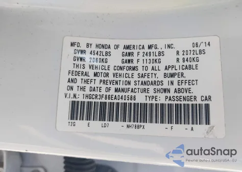 2014 Honda Accord Ex-L V-6 from USA, damaged, VIN 1HGCR3F86EA040586